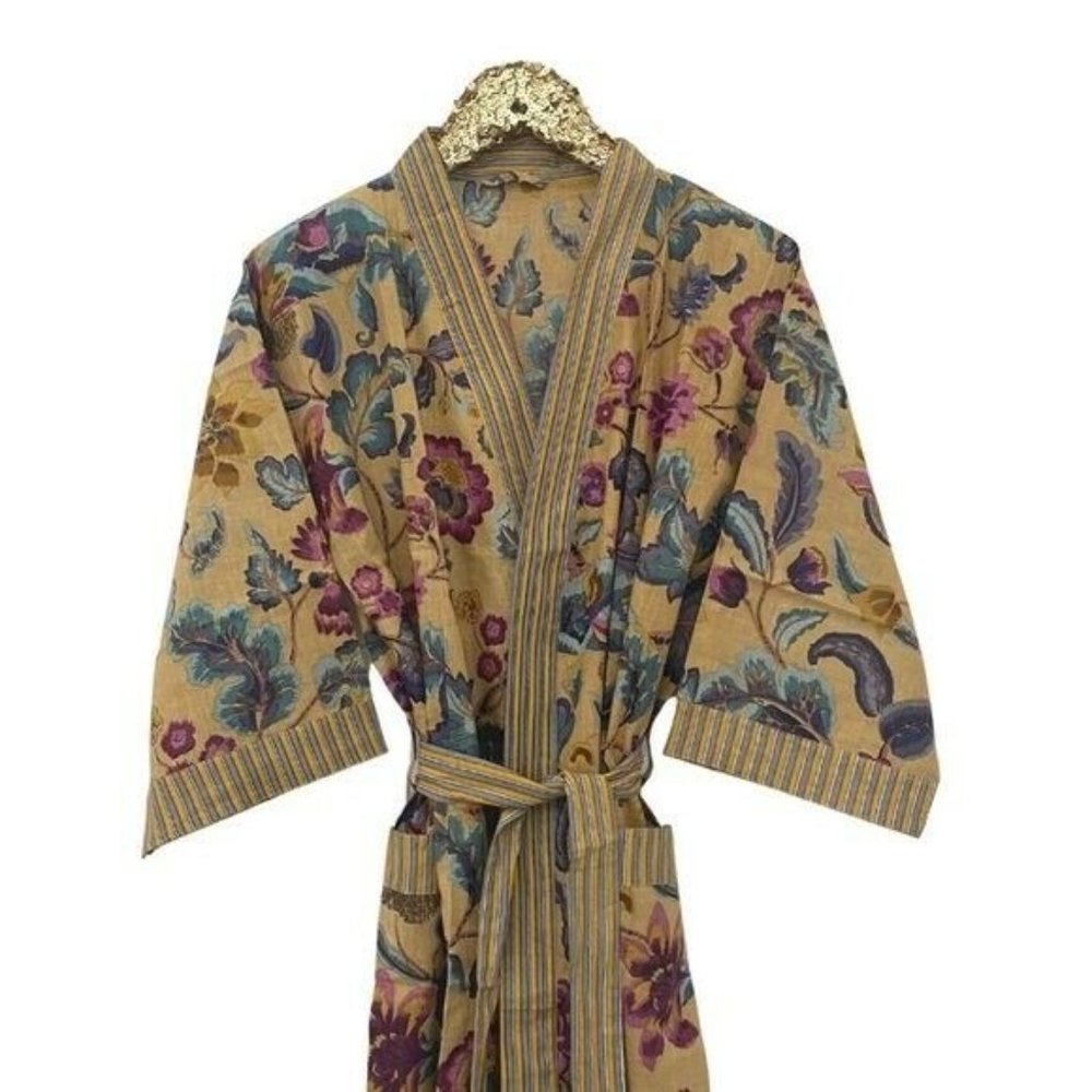 Cotton Hand Block Printed Kimono Robe India NEW - Picture 2 of 6